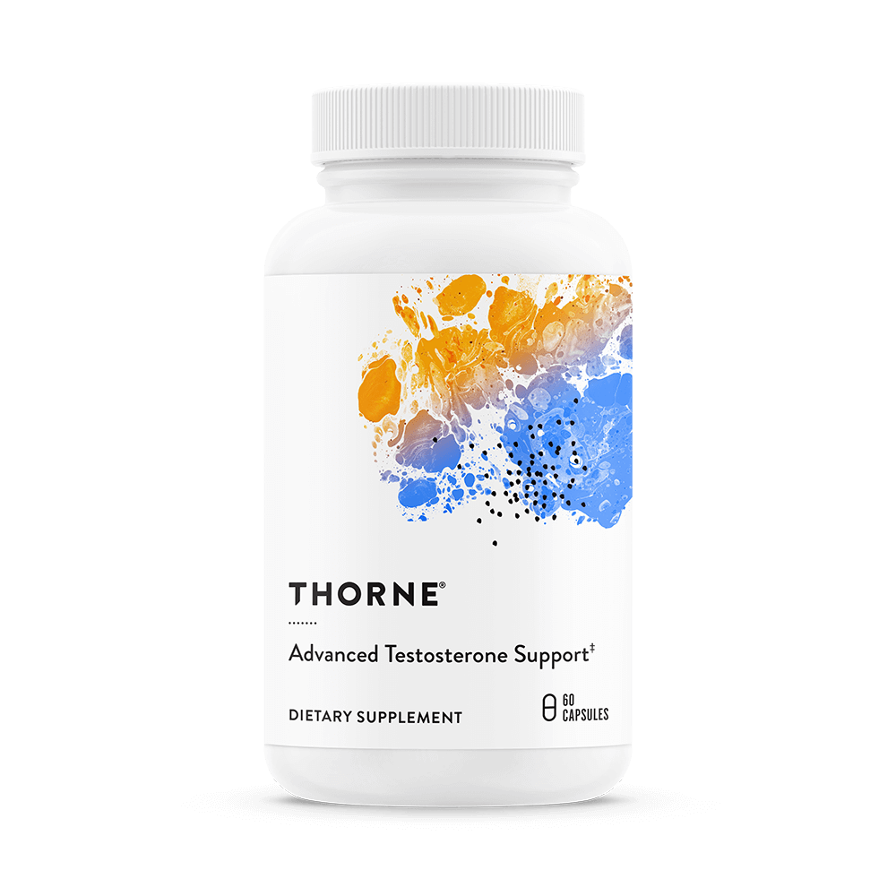 White bottle of Thorne Advanced Testosterone Support dietary supplement with a colorful abstract splash design on the label, containing 60 capsules.