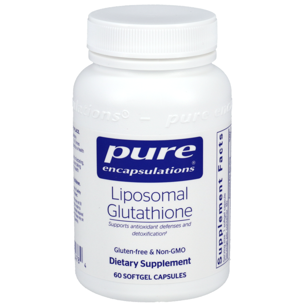 A white bottle labeled 'Pure Encapsulations Liposomal Glutathione', a dietary supplement with 60 softgel capsules, intended to support antioxidant defenses and detoxification, gluten-free and non-GMO.