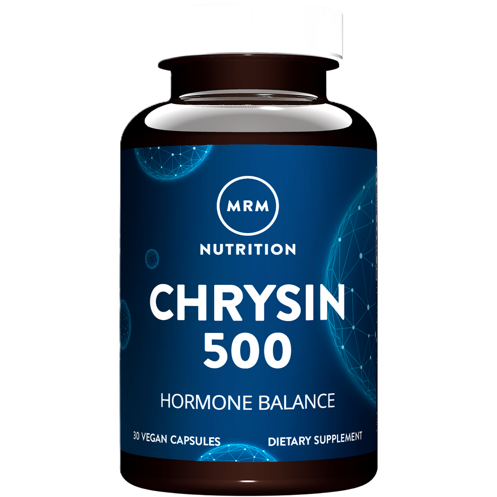 Bottle of MRM Nutrition Chrysin 500 dietary supplement with hormone balance claims, containing 30 vegan capsules.