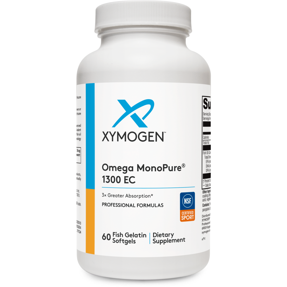 A white bottle of XYMOGEN Omega MonoPure 1300 EC dietary supplement with a white cap, labeled for fish gelatin softgels, containing 60 softgels.