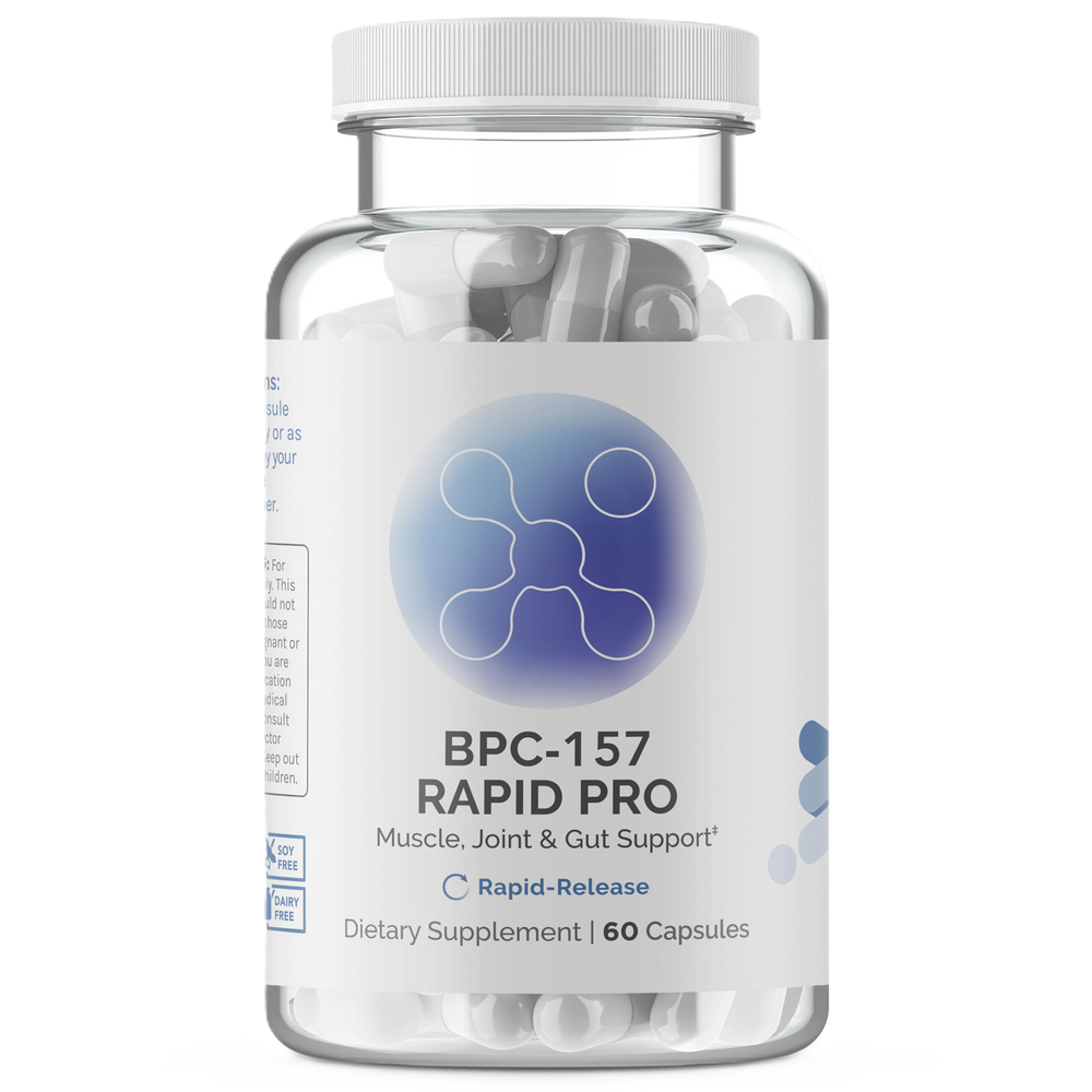 A clear plastic bottle with a white cap containing white capsules. The label reads BPC-157 RAPID PRO, a dietary supplement for muscle, joint, and gut support, with 60 capsules.