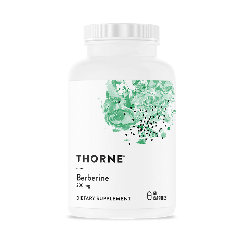 A white bottle of dietary supplement capsules labeled Thorne Berberine, with a green abstract design on the label.