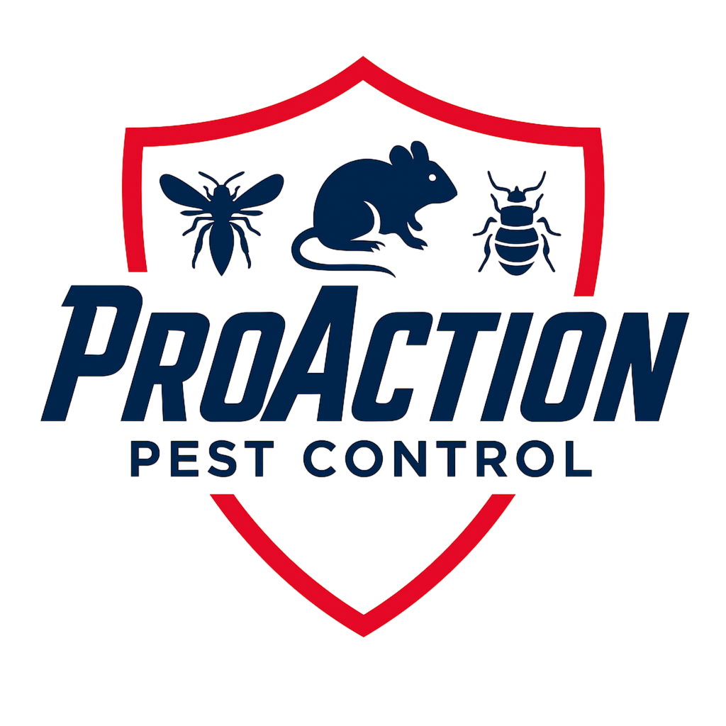 Logo for ProAction Pest Control with a shield outline and icons of a wasp, rat and bedbug above the text.