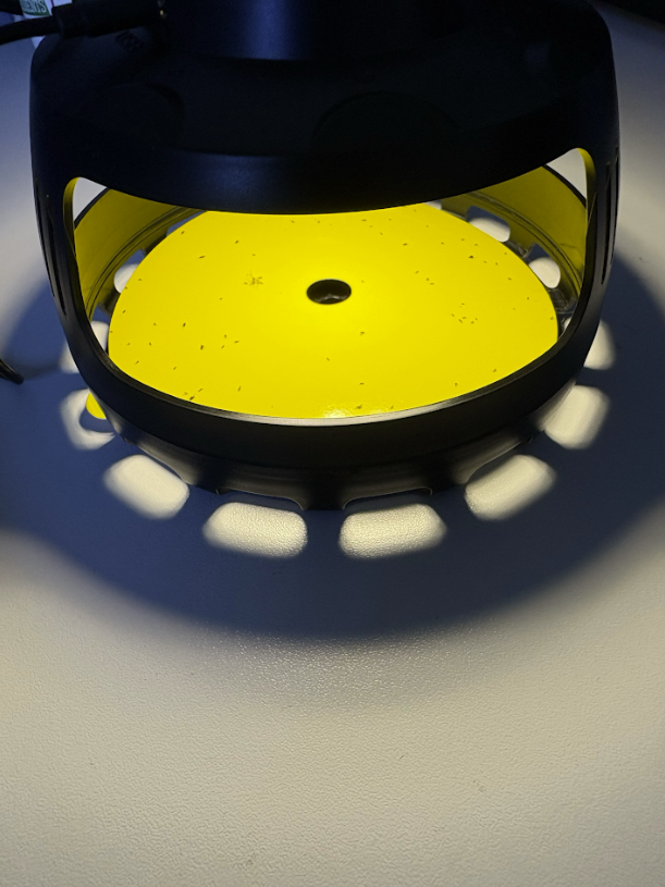 Close-up of a yellow and black device with a circular yellow surface and black outer casing, casting shadow on a white surface.