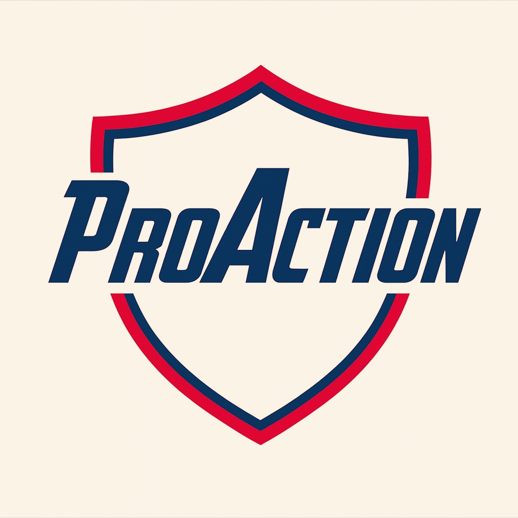 Logo for ProAction featuring a shield outline with red, white, and blue colors.