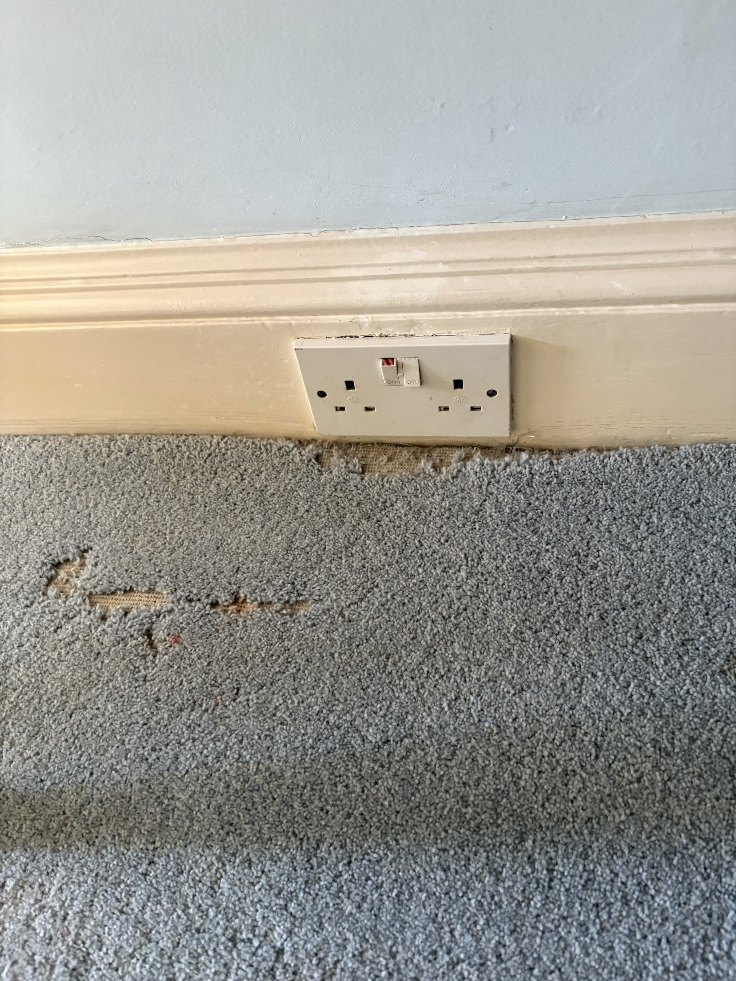 Electrical power outlet near a wall baseboard, with a patch of damaged carpet revealing the subfloor underneath.