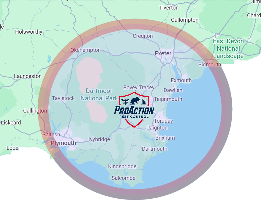 Map showing a pest control company's service area around South Devon in England, with the company's logo, ProAction Pest Control, in the center.
