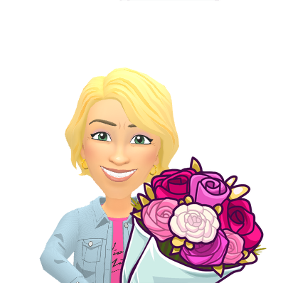Animated woman holding a bouquet of pink and purple flowers, smiling.
