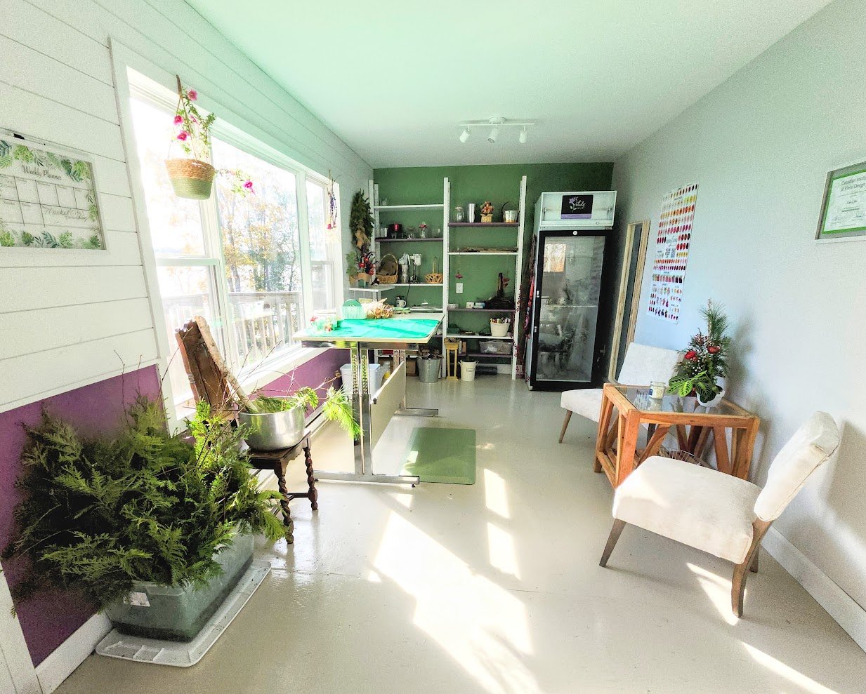 Bright indoor room with large windows, potted greenery, a table, chairs, shelving unit, and a small refrigerated display case.