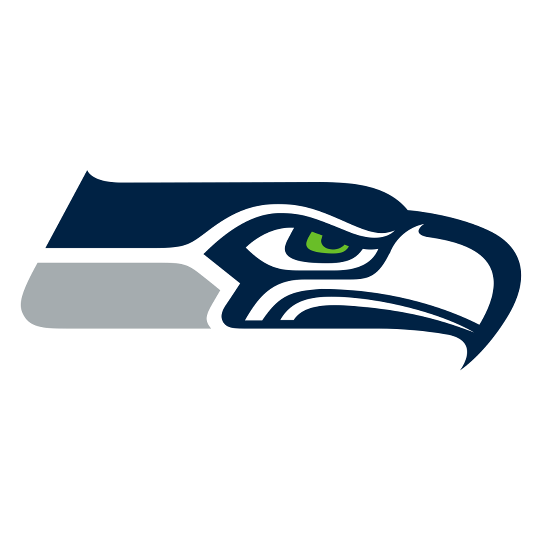 Seattle Seahawks logo with a stylized eagle's head in navy blue, white, gray, and green details.