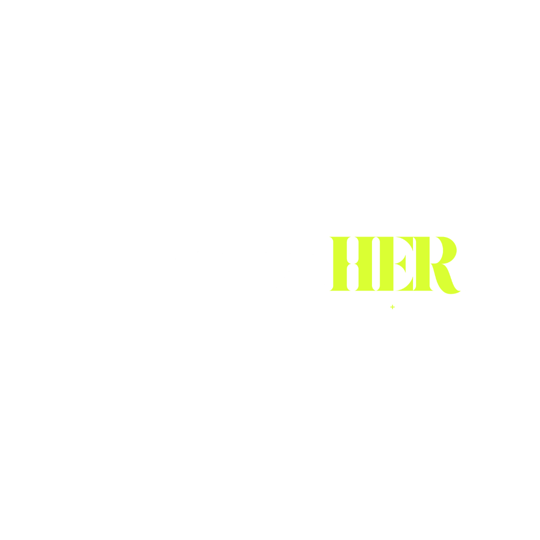 Logo with the words 'manifestHER' in stylized font, with 'HER' highlighted in bright green, and the phrase 'Health & Wealth' below.