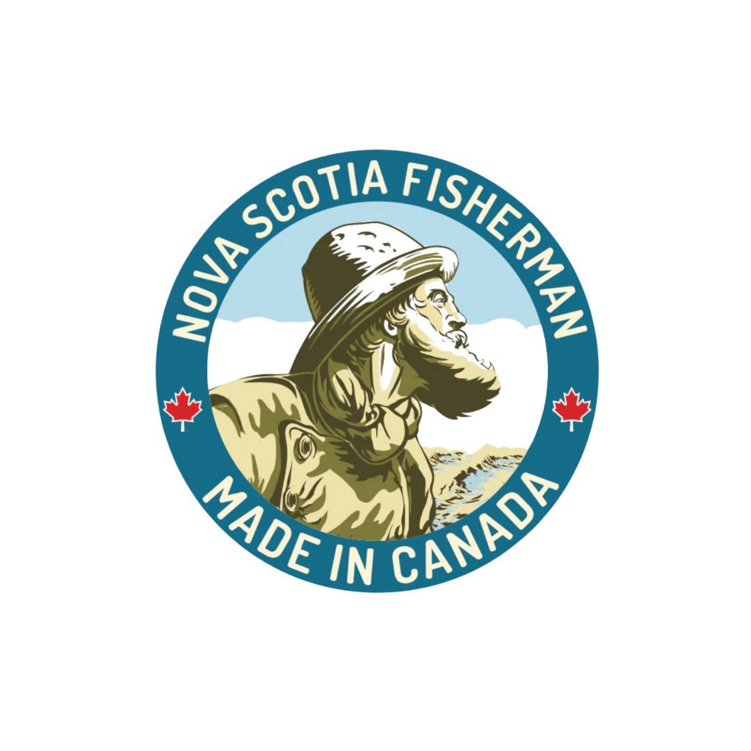Emblem of Nova Scotia Fisherman with a bearded man wearing a hat, surrounded by blue and white circle with red maple leaves, and text 'Nova Scotia Fisherman Made in Canada'.
