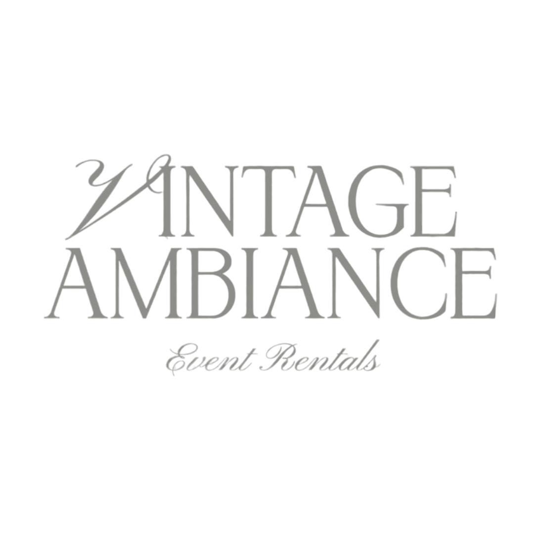 Vintage ambiance event rentals logo with black background and gray text.