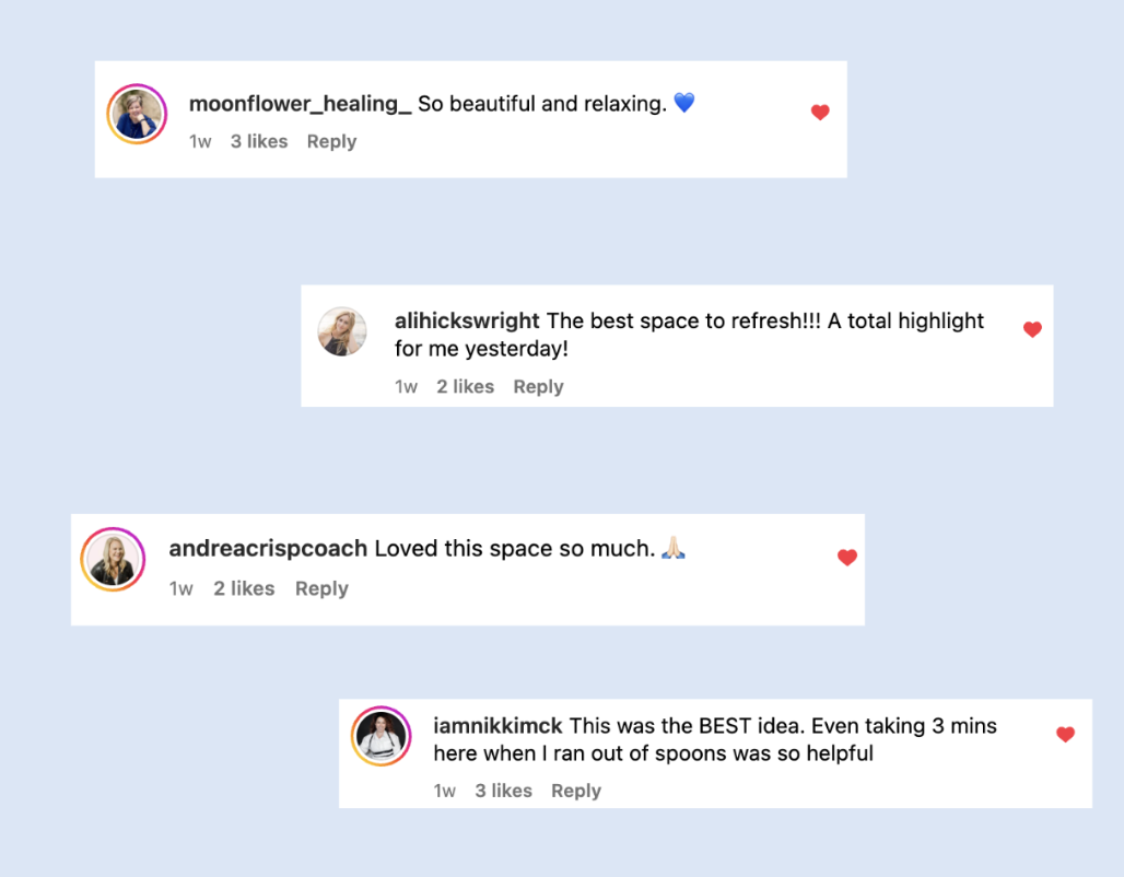 Screenshot of social media comments about a relaxing space, with users praising its atmosphere and usefulness of provided utensils.