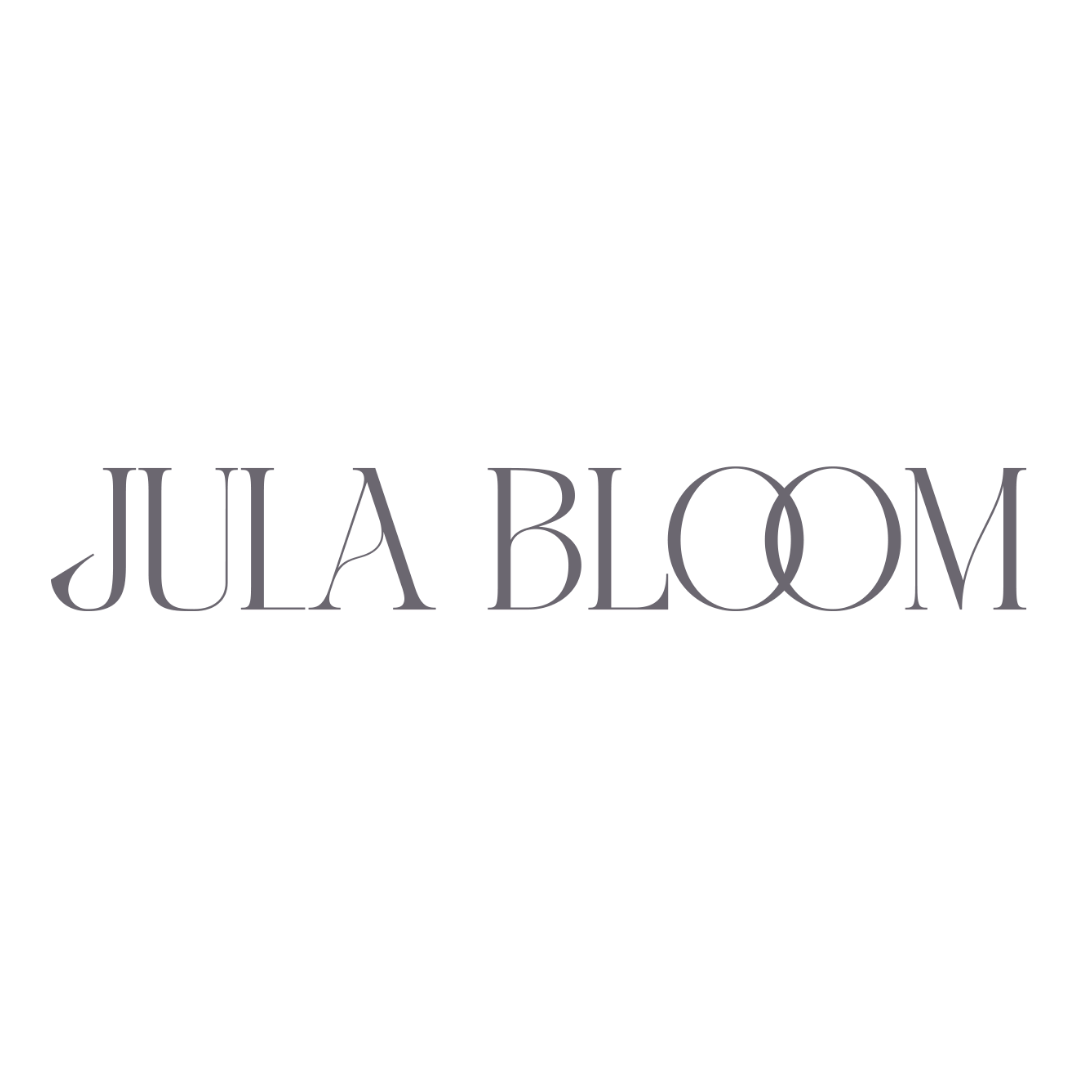 Black background with decorative text 'JULIA BLOOM' in purple font.