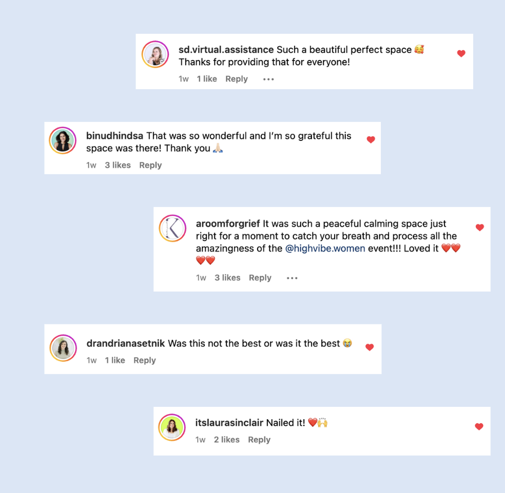 Screenshot of Instagram comments discussing a virtual space event, expressing positive feedback about the experience.