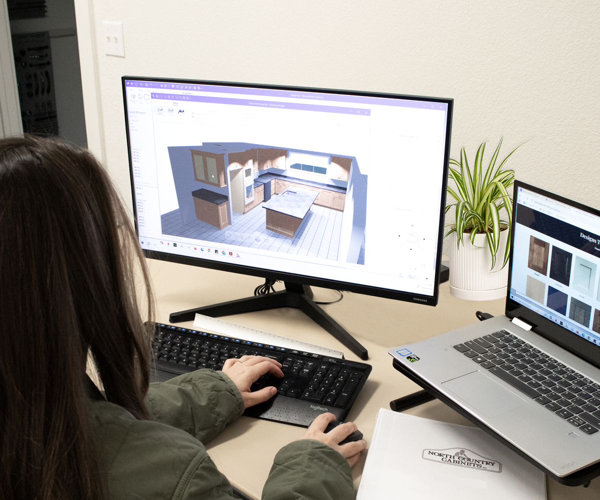 A 3D floor plan of a kitchen and dining area with beige cabinets, a white countertop, a black stove, a stainless steel sink, a white refrigerator, and a black and white ceiling light fixture.