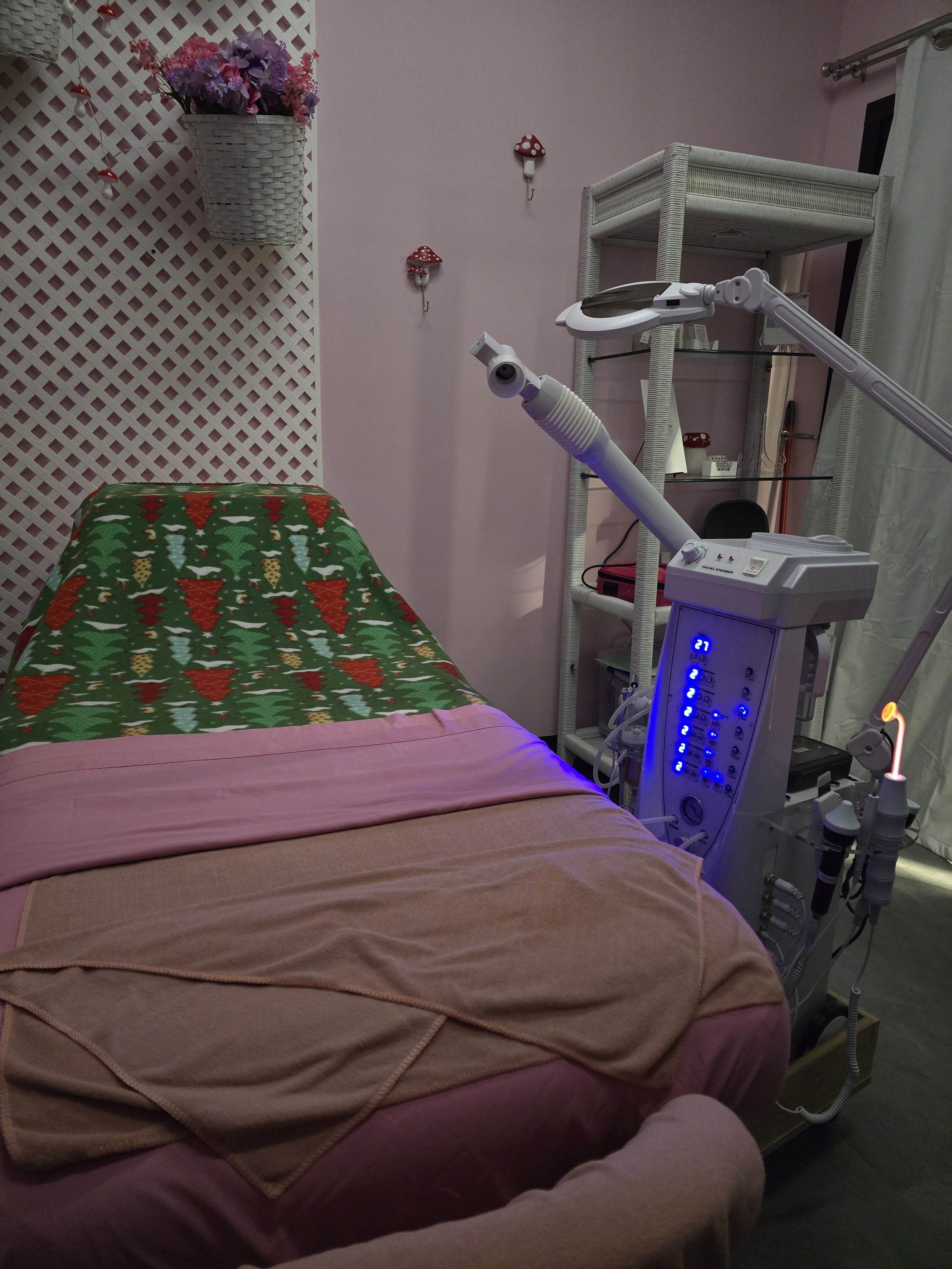 A skin therapy room with a bed covered in pink towels, pink sheets, and a cozy blanket. There is a lattice wall with a flower basket. There is a multi functional facial modality machine with adjustable arms and a control panel next to the bed.