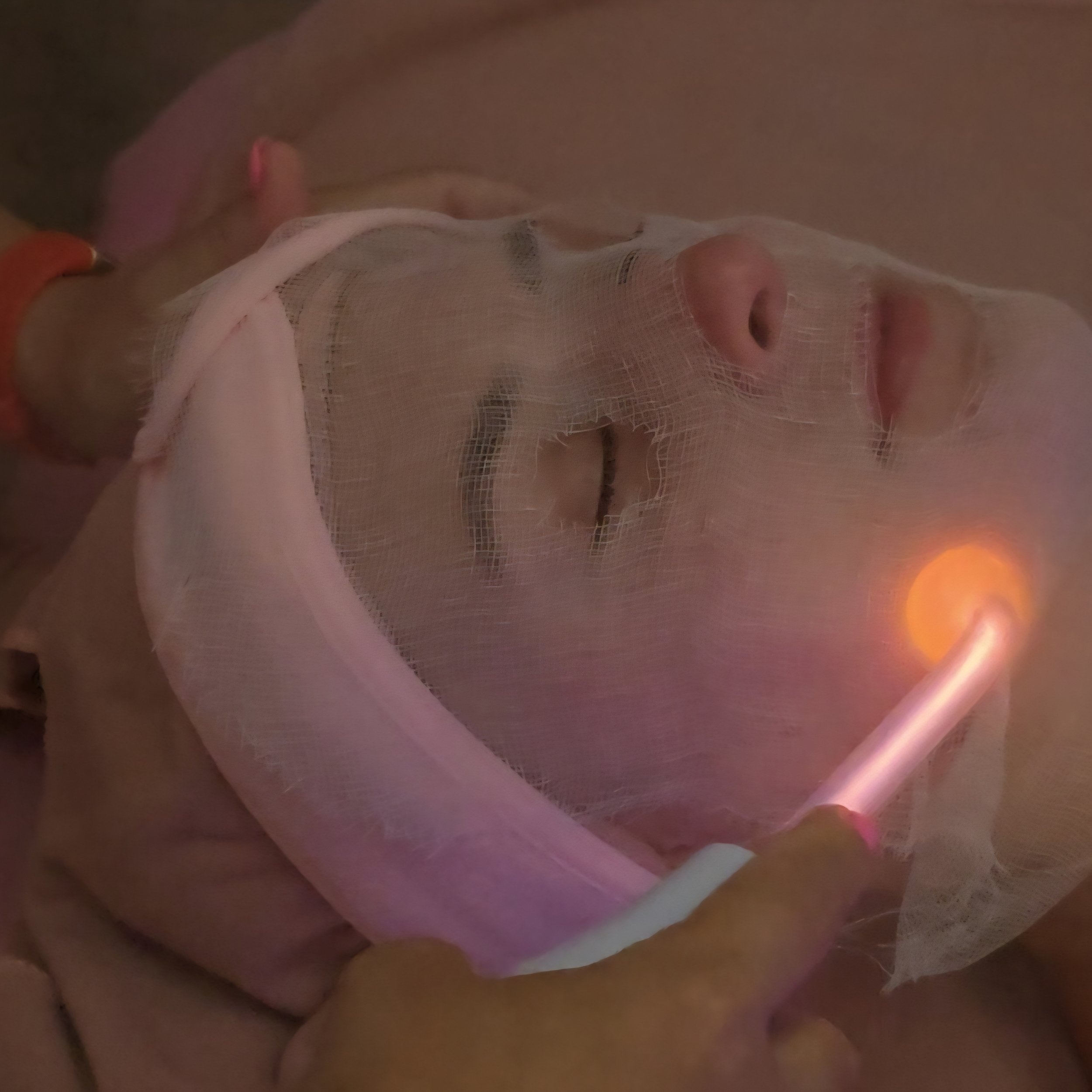 A person lying down with a white facial mask, eyes closed, receiving high frequency therapy on their face, with a hand holding a red high frequency device near the cheek.