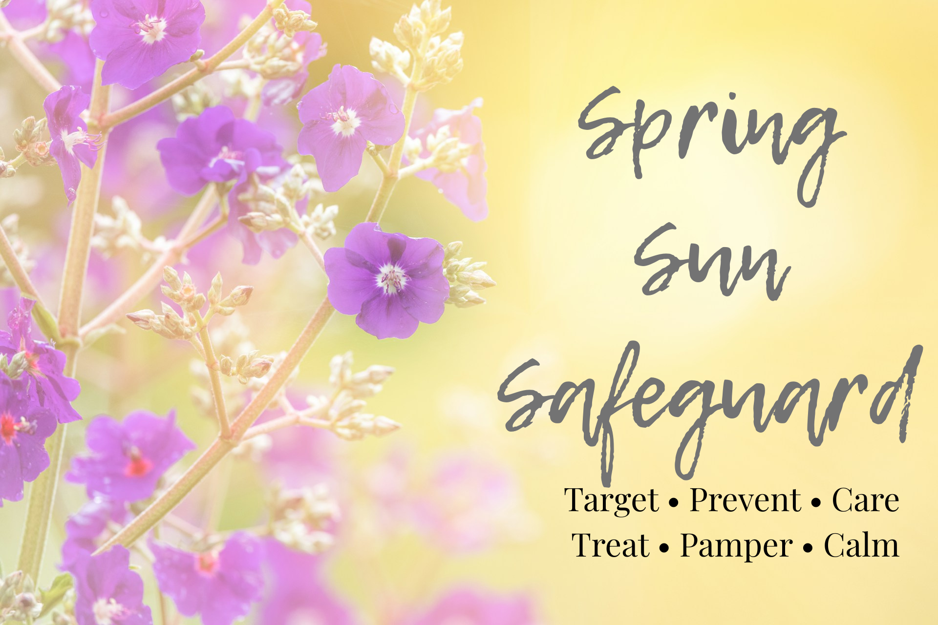 A background of purple and pink flowers with light yellow and green hues, and overlaid text that reads 'Spring Sun Safeguard' with additional text: 'Target • Prevent • Care, Treat • Pamper • Calm'.