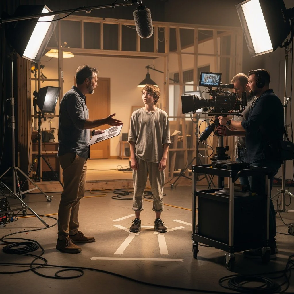Une scène de tournage en studio avec un réalisateur parlant à une actrice malgré la présence de deux opérateurs et un caméraman avec une caméra professionnelle, sous un éclairage de studio.