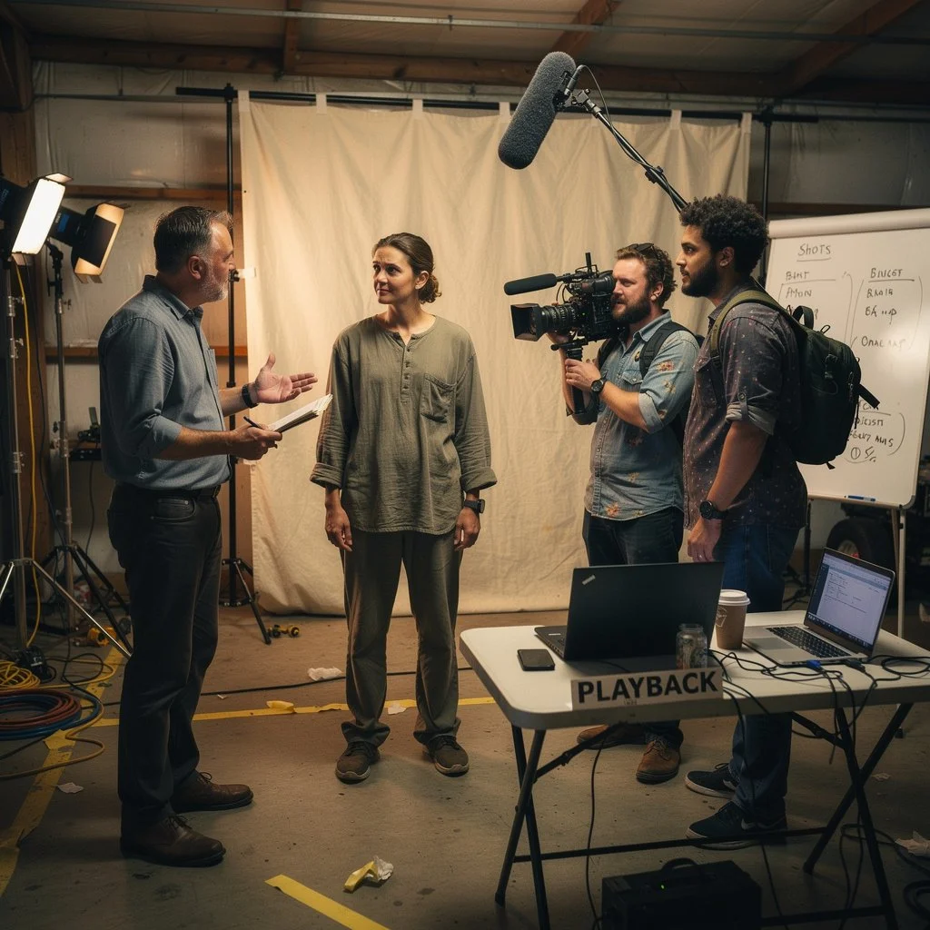 Une équipe de production filmée lors d'une interview dans un studio avec un fond beige, une caméra, un micro suspendu et un tableau blanc avec des notes, un ordinateur portable et des câbles sur une table.