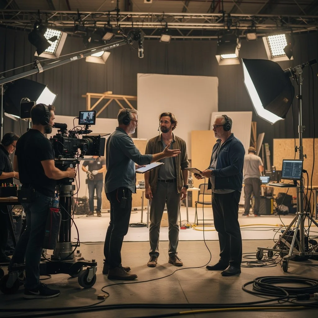 Une équipe de tournage en studio, avec des caméras, des éclairages et du personnel discutant au centre.