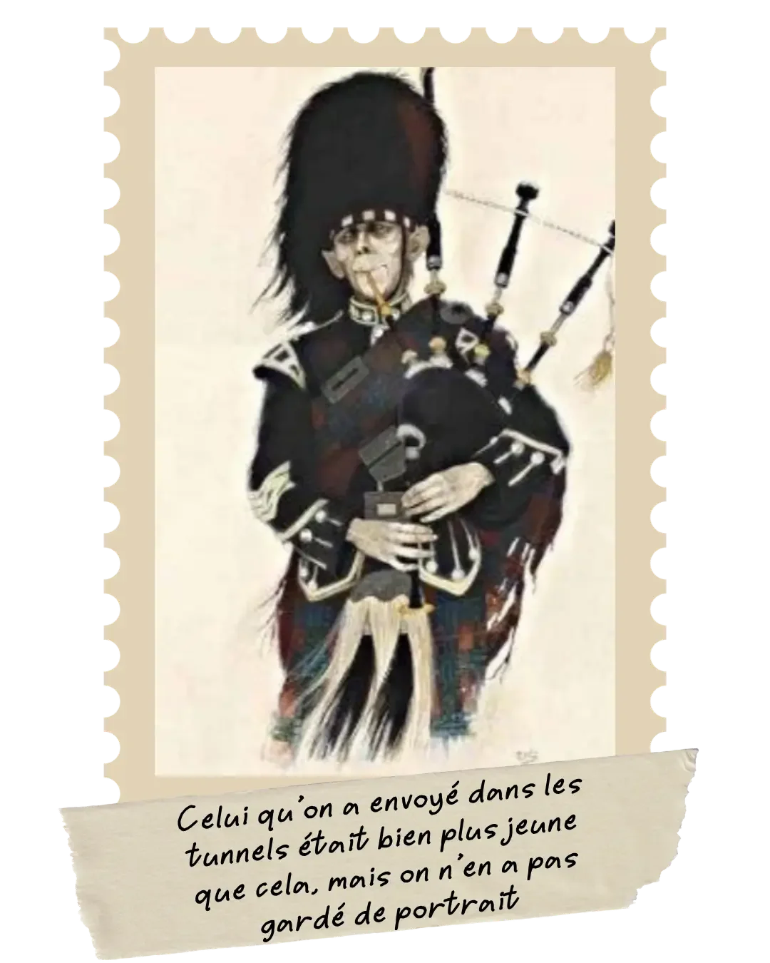 Illustration d'un joueur de cornemuse en uniforme militaire écossais, évoquant la légende du cornemuseux disparu dans les tunnels sous le Royal Mile d'Édimbourg.