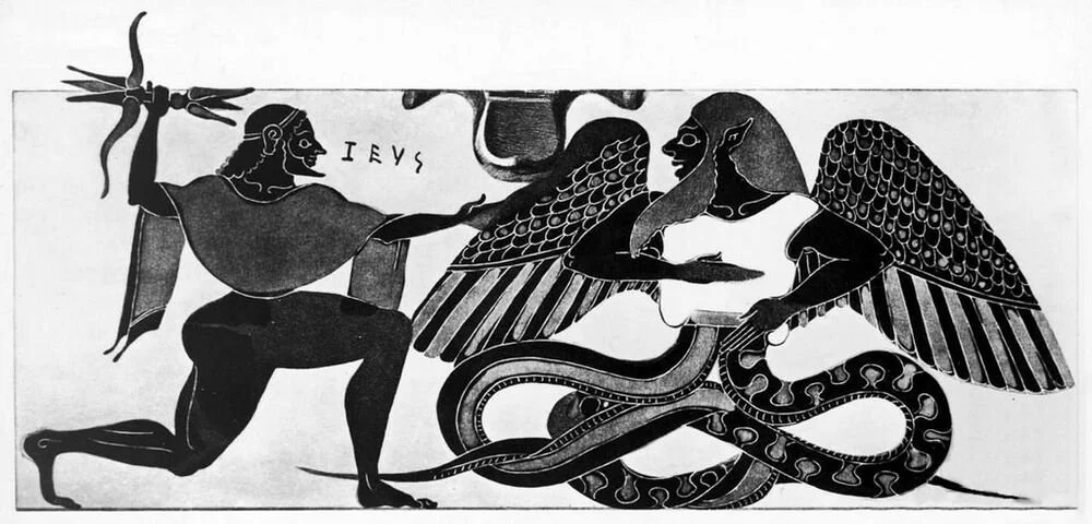 Combat de Zeus contre Typhée, créature serpentine de la mythologie grecque enfouie sous l'île d'Ischia