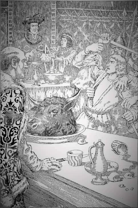 Gravure médiévale représentant un festin, illustration du Black Dinner de 1440 au château d'Édimbourg