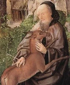 Peinture représentant saint Gilles protégeant la biche qui le nourrissait, à l'origine du nom de la cathédrale Saint-Gilles d'Édimbourg