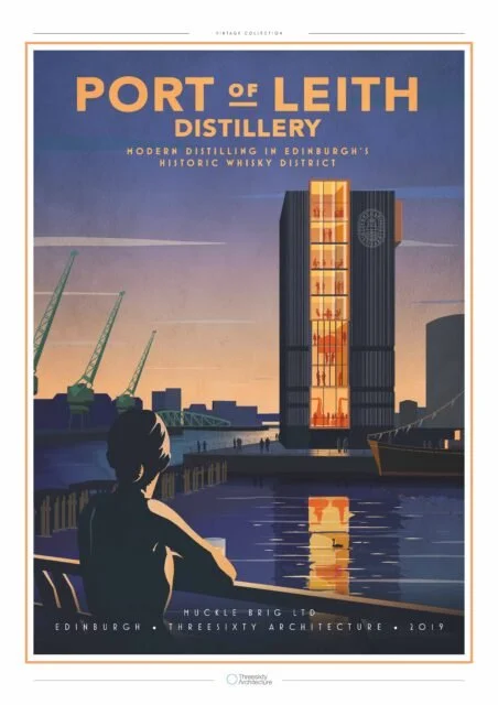 Affiche illustrée de la distillerie Port of Leith à Édimbourg, première distillerie verticale du Royaume-Uni, dans le quartier historique de Leith
