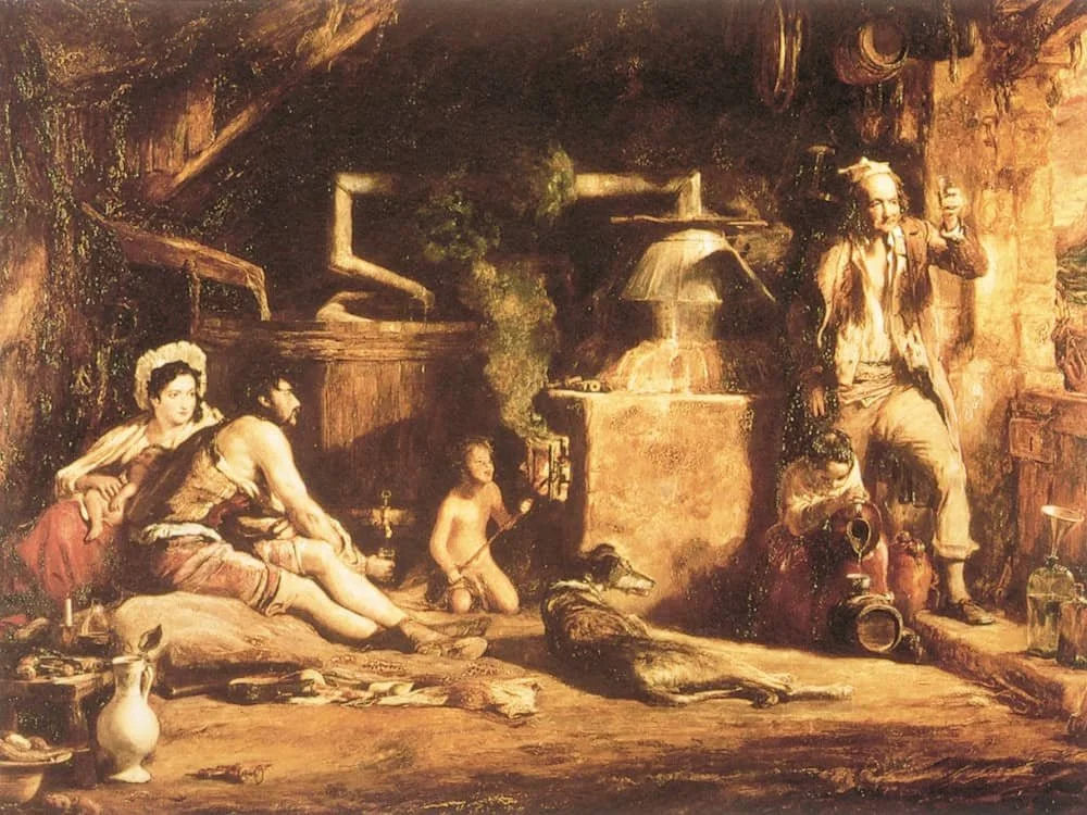 Peinture d'archive représentant une distillerie écossaise au XVIIIe siècle, époque des premiers monopoles du whisky