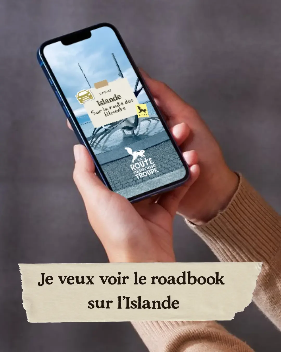 Mockup du roadbook numérique Islande d'En Route Mauvaise Troupe avec appel à l'action
