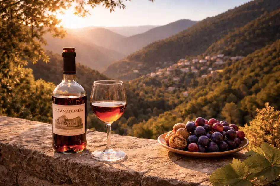 Bouteille de Commandaria, vin de Chypre AOP, avec un verre ambré et des raisins sur fond de massif du Troodos