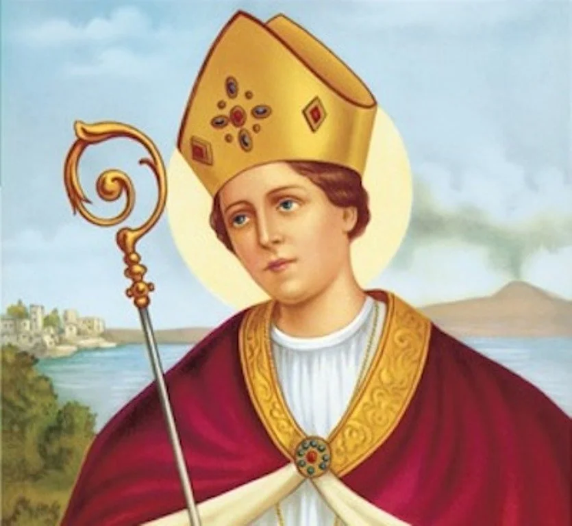 Icône de San Gennaro, saint patron de Naples, représenté en évêque avec mitre dorée et bâton pastoral