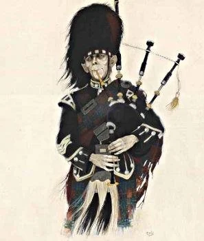 Illustration d'un joueur de cornemuse en tenue traditionnelle écossaise