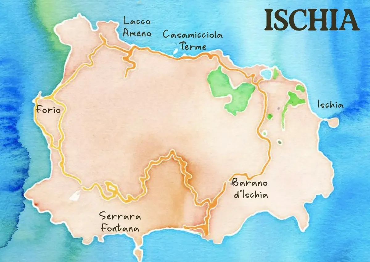 Carte illustrée de l'île d'Ischia avec ses six villages