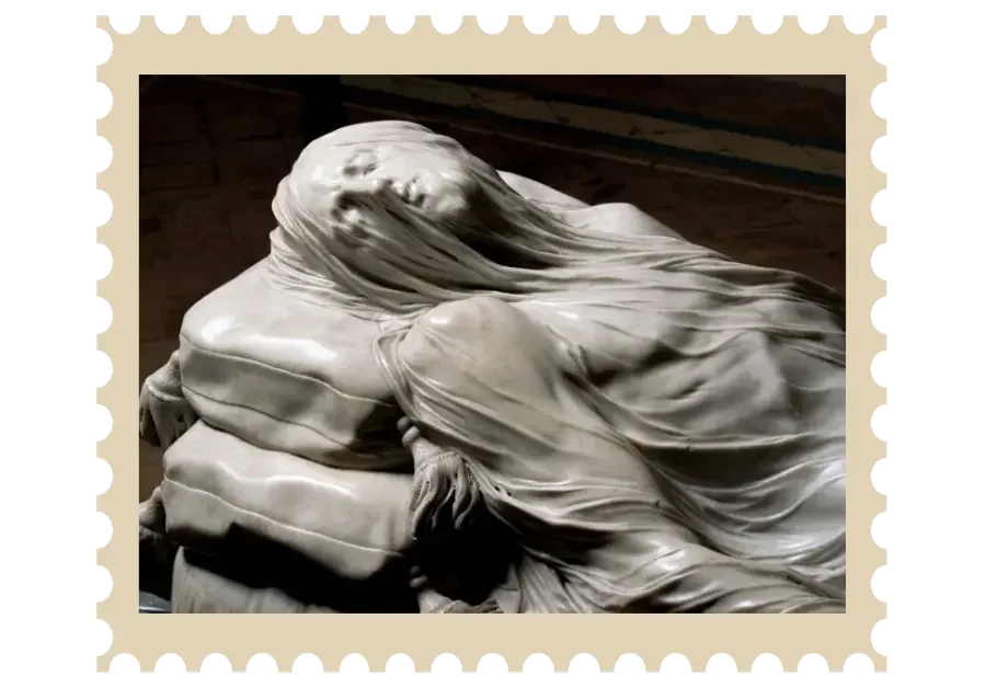 Le Christ voilé de Giuseppe Sanmartino (1753), sculpté dans un seul bloc de marbre, chapelle Sansevero de Naples. Le voile translucide laisse apparaître les traits du visage et les stigmates.