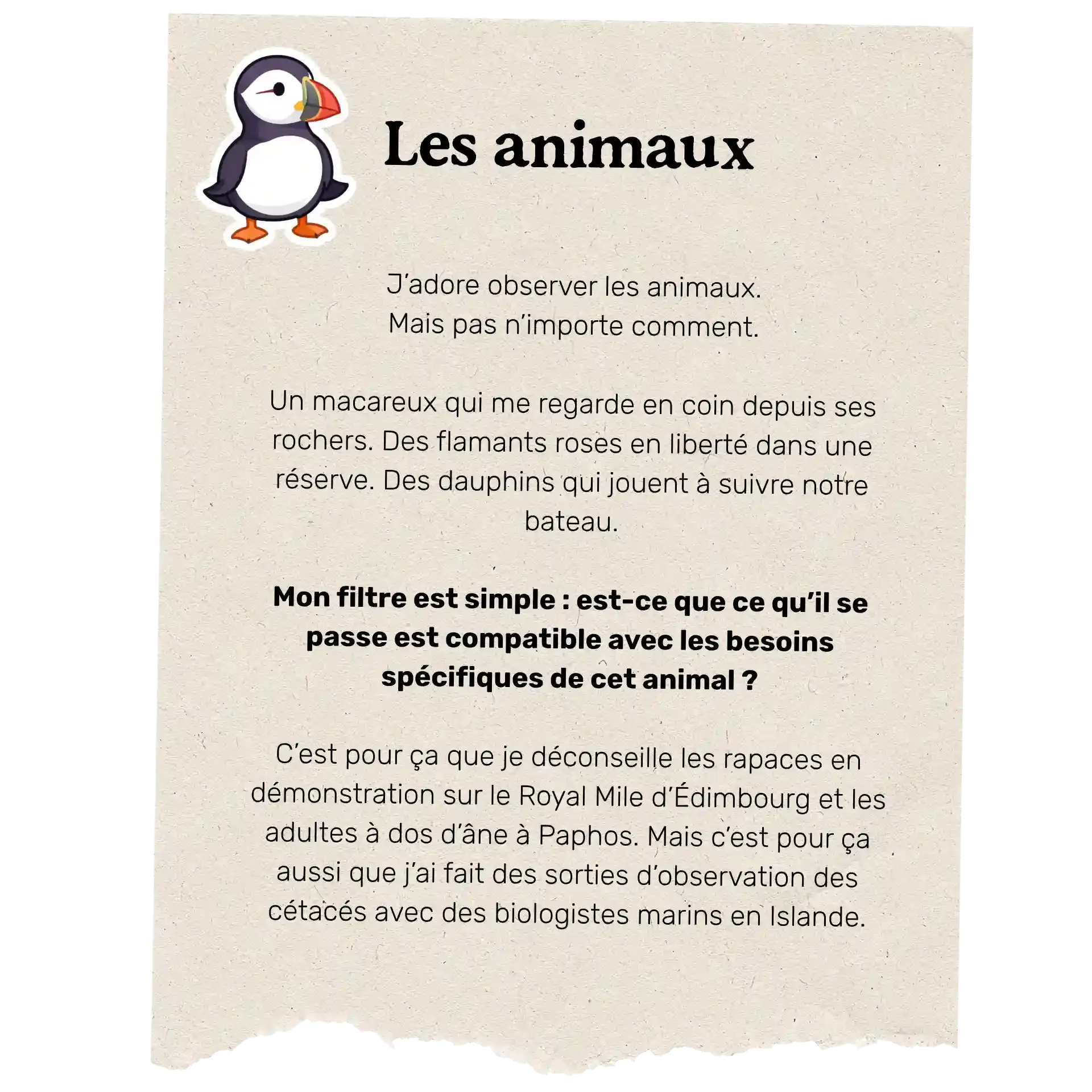 Les animaux : observer la faune en voyage seulement si les besoins de l'animal sont respectés (macareux, cétacés, pas de rapaces en démonstration)