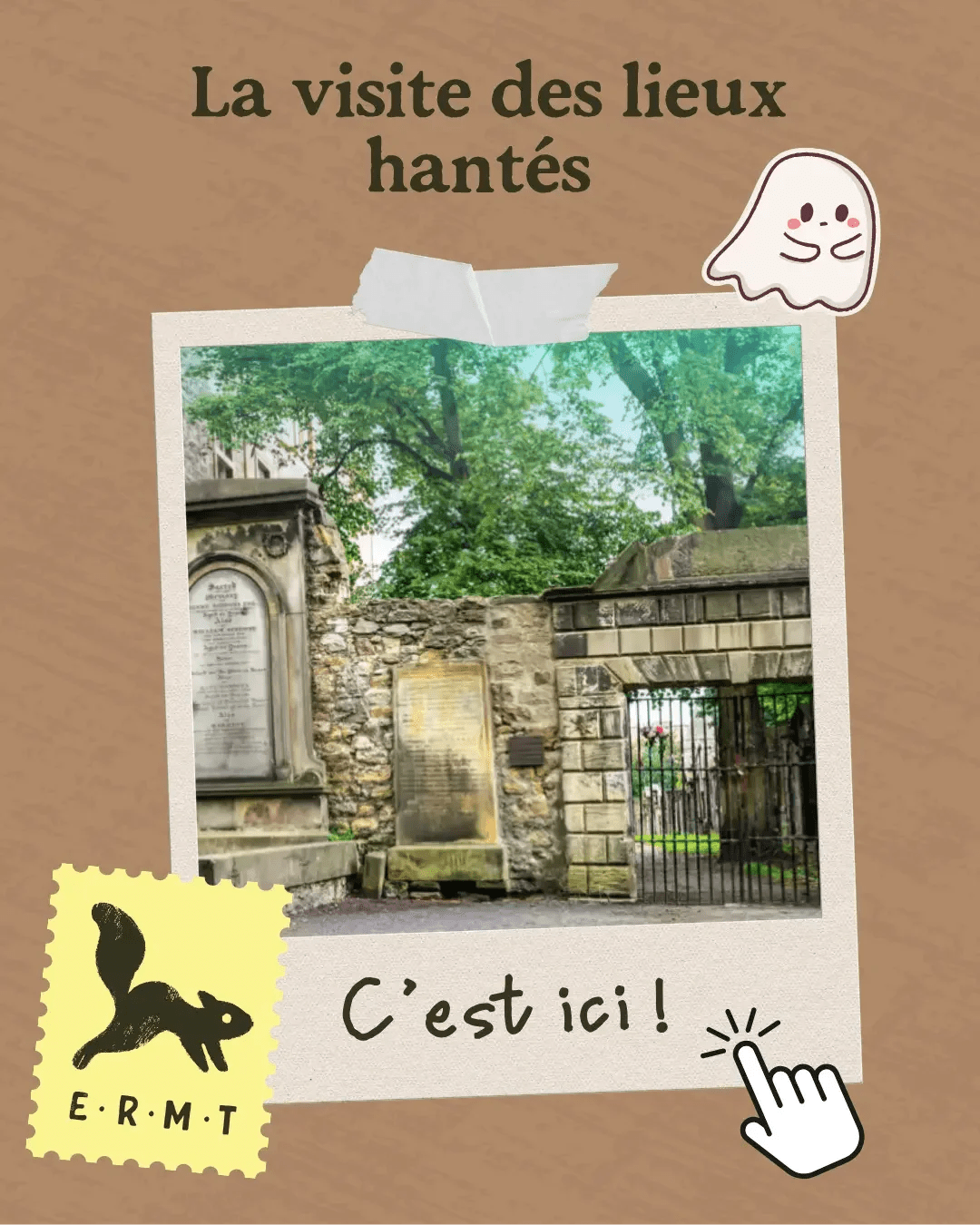 Visuel promotionnel ERMT pour la visite des lieux hantés d'Édimbourg, avec le cimetière de Greyfriars en arrière-plan.