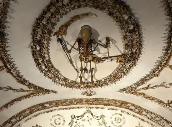 Squelette de la Mort tenant une faucille en omoplates, entouré de cercles d'ossements humains sur la voûte de la crypte des Capucins à Rome