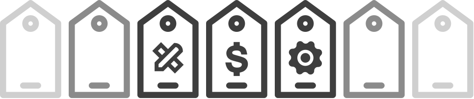 Line of six price tags with icons representing different concepts including a tag, scissors, dollar sign, gear, and others.