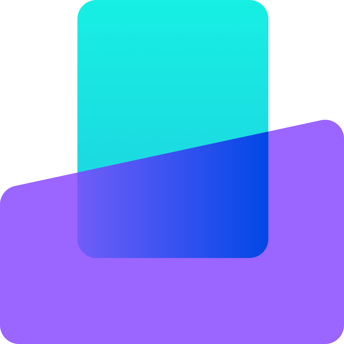 Abstract geometric artwork with overlapping shapes in shades of blue, purple, cyan, and black.