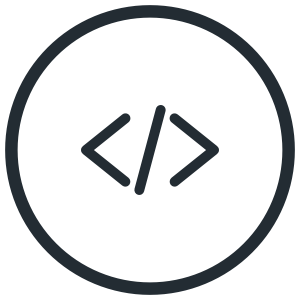 Black icon of a computer code symbol, with angle brackets and a slash, inside a circle.