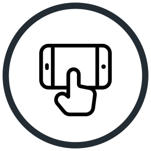 A circle with a dark gray border containing a phone tapping on a mobile device.