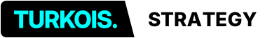 Logo with the word 'TURKOIS.' in blue on a black background, next to the word 'STRATEGY' in black on a white background.