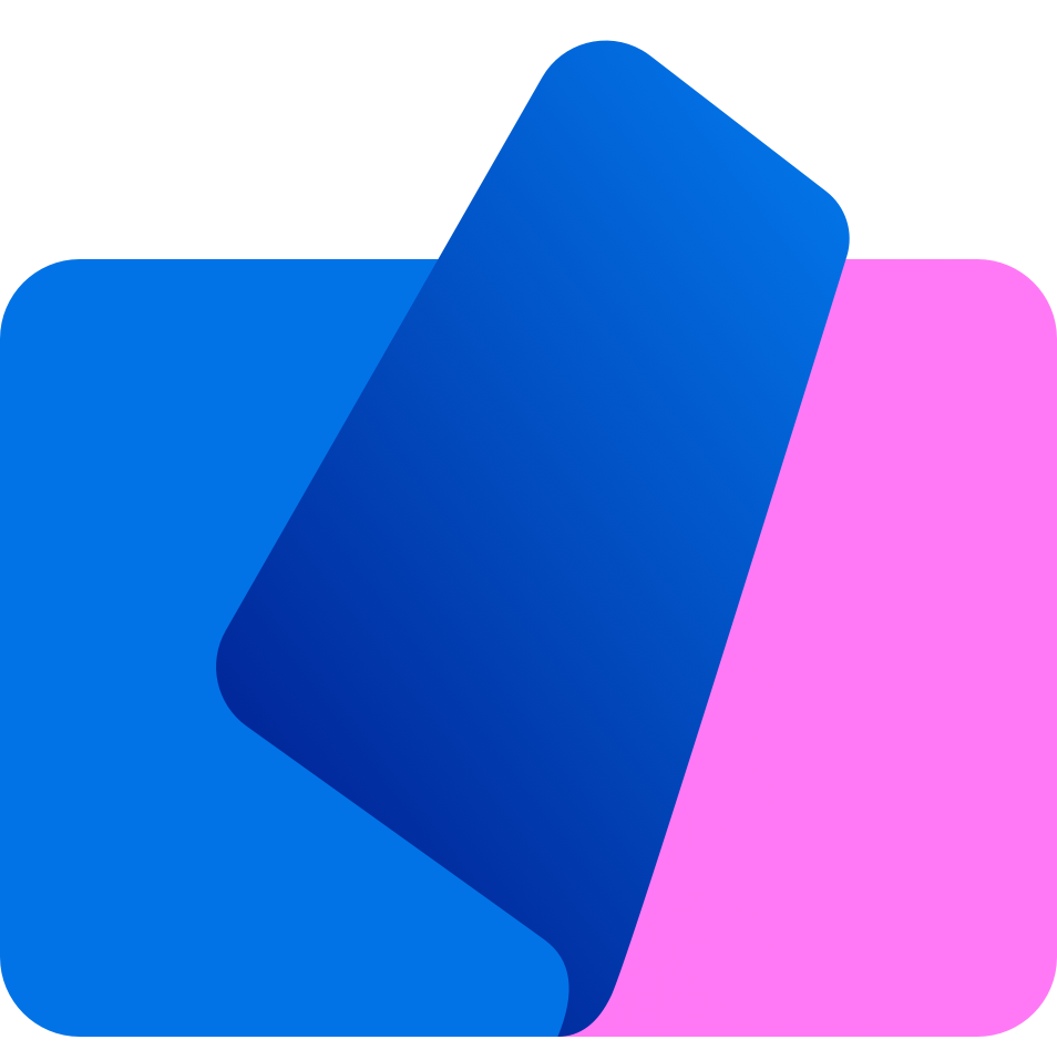 A colorful abstract geometric design featuring overlapping shapes in blue, purple, and pink shades.