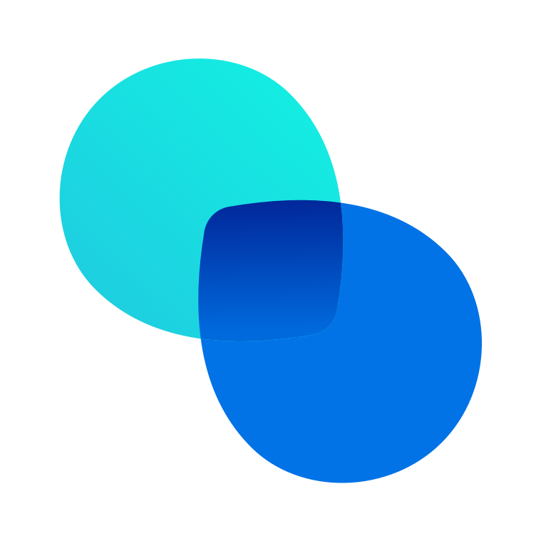 Two overlapping circles, one light blue and one darker blue, with a small dark square overlapping both.