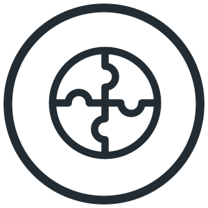 A black and gray circular icon with a puzzle piece design inside, representing a puzzle or problem-solving theme.